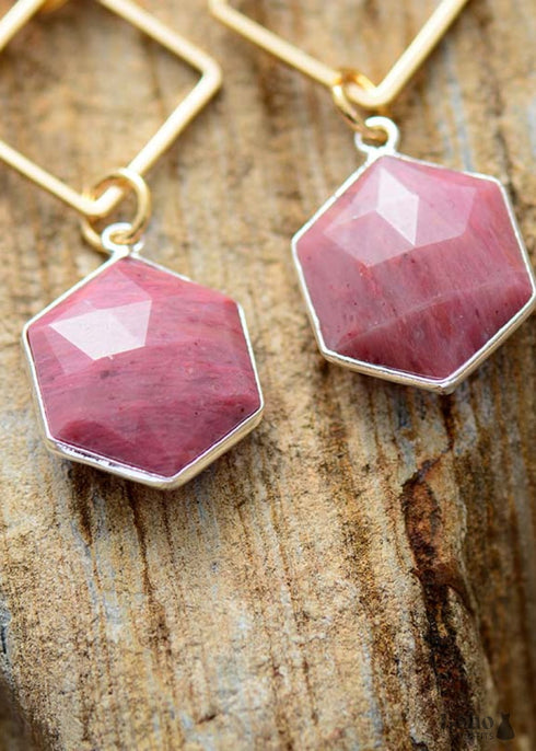 Boho Earrings, Dangle Earrings, Rhodonite Hexagon
